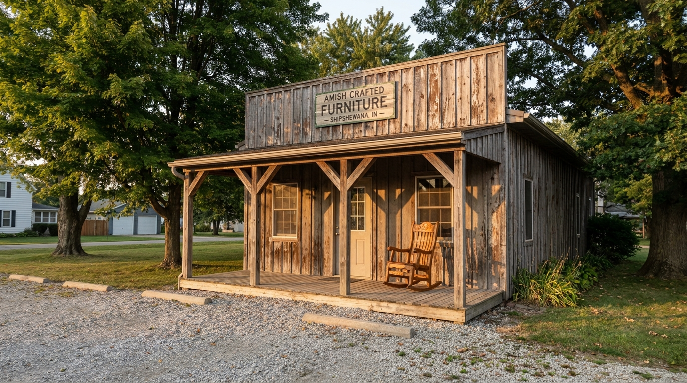 Exterior of a rustic Amish furniture showroom in Shipshewana, Indiana with handcrafted rocking chairs displayed on the front porch
